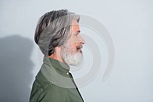 Profile side view portrait of attractive grey-haired man copy blank space ad career isolated over gray pastel color