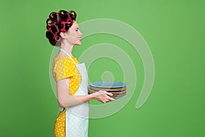Profile side view portrait of her she nice attractive content cheerful cheery maid housekeeper wearing curlers holding