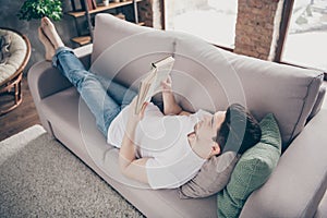 Profile side view portrait of his he nice attractive peaceful focused brunette guy lying on divan reading book spending