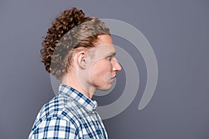 Profile side view portrait of minded stylish good-looking nice h