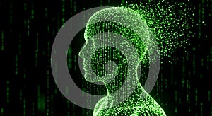 Human Head Silhouette Dissolving into Green Binary Code