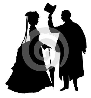 Profile silhouettes of young standing couple in victorian dress in which the man takes off his top hat in front of the woman.