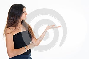 Profile slim business woman showing blank copy space isolated in copyspace white background