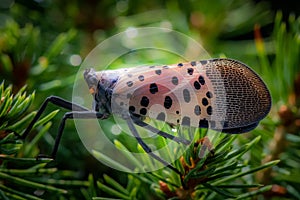 Profile of a spotted lanternfly in a natural surrounding