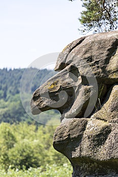 Profile of stone witch, natural rock shape, a miracle of nature, Petrified City, Ciezkowice, Poland.