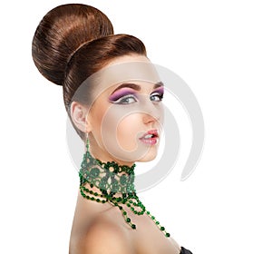 Profile of Stylish Woman with Green Gems. Luxury. Aristocratic Profile