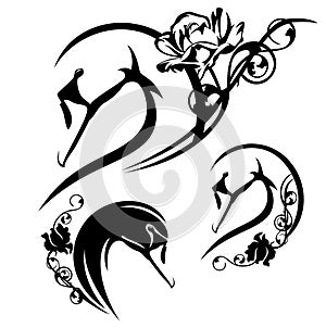 profile swan bird head and rose flower black and white vector outline