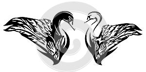 profile swan bird head and wing black and white vector outline