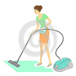 Profile of a sweet lady. The girl removes dust in the room with a vacuum cleaner. A woman is a good wife and a neat housewife.
