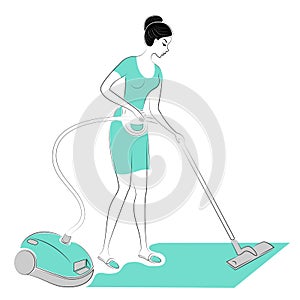 Profile of a sweet lady. The girl removes dust in the room with a vacuum cleaner. A woman is a good wife and a neat housewife.