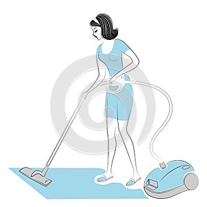 Profile of a sweet lady. The girl removes dust in the room with a vacuum cleaner. A woman is a good wife and a neat housewife.