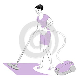 Profile of a sweet lady. The girl removes dust in the room with a vacuum cleaner. A woman is a good wife and a neat housewife.