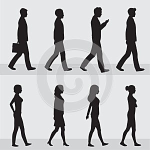 The profile of various people walking down the street. flat design style minimal vector illustration