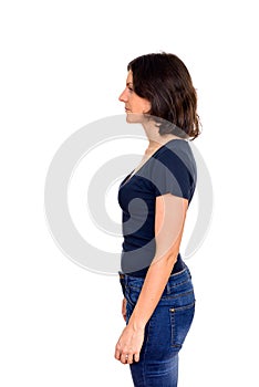 Profile view of beautiful woman isolated against white background