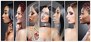 Profile view collage of multiple women with various skin tones