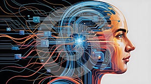 Digital human head with glowing circuits and data streams artificial intelligence technology
