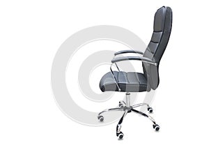Profile view of office chair from black leather. Isolated