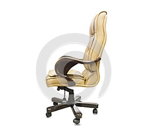 Profile view of office chair from yellow leather. Isolated