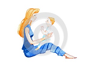 Profile view of smiling young mother sitting on floor with a son on lap hand-drawn with watercolor
