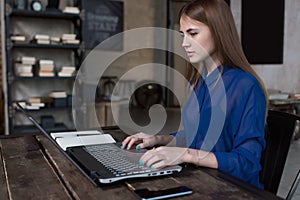 Profile view of successful young Caucasian businesswoman using a laptop, typing email, working at her modern loft