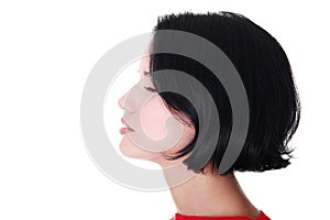 Profile of a woman with closed eyes. Side view.