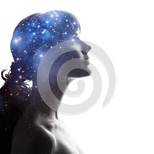 Profile of a woman with the cosmos as a brain. The scientific concept. The brain and creativity