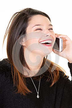 Profile of a woman happy smiling laughing calling on phone isolated on white background