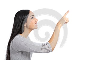 Profile of a woman pointing an advertisement