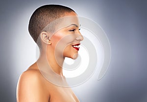 Profile, woman and smile in studio for skincare, cosmetics and makeup on backdrop. Female person, facial treatment and