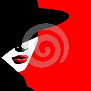 Profile of young beautiful fashion woman wearing hat, minimalist vector illustration. Abstract female portrait