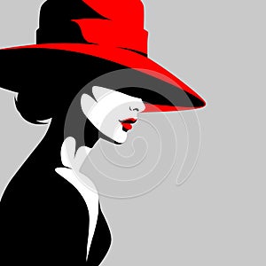 Young beautiful fashion woman wearing hat, minimalist vector illustration. Abstract female portrait, contemporary