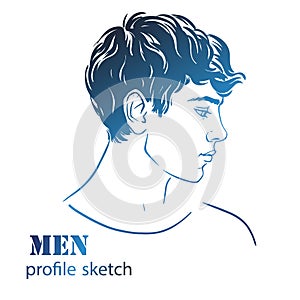 Profile of young man with short curly hair, hand drawn outline vector illustration