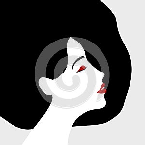 Profile of a young pretty girl with long black hair. Beautiful woman profile. Beauty face with black hair, red lips