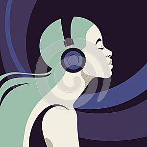 Profile of a young woman listens to the music on the headphones. The musician avatar.