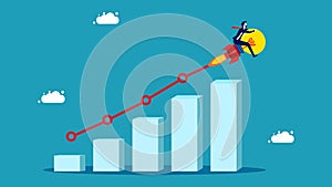 Profit or business grow. Progress or creative development concept. Businessman riding a light bulb rocket on a growth bar graph