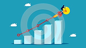 Profit or business grow. Progress or creative development concept. Businesswoman riding a light bulb rocket on a growth bar graph