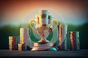 profit business growing success, Concept coin stacks cup Trophy