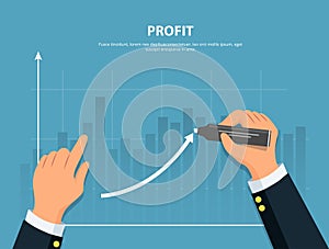 Profit. Businessman draws graph of financial growth