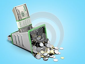 Profit distribution concept a pack of dollar bills is rubbed into coins 3d render on blue gradient
