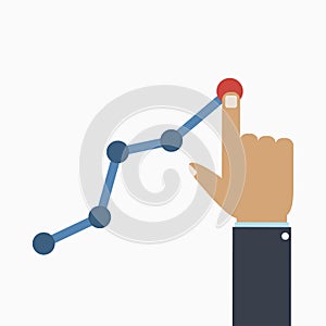 Profit and gain concept. The businessman`s hand manages the growing business graph. Vector.