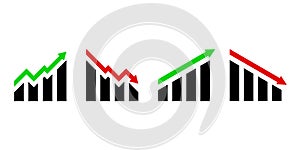 Profit growing green and red arrow vector icons set. Growing graph and falling. Chart increase profit and success