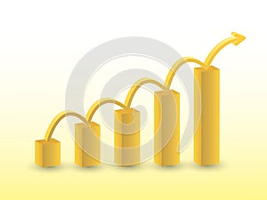 Profit growth flow using bar chart for successful company vector illustration in golden color for business