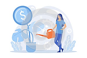 Profit growth, fundraiser. Businesswoman watering money tree. Income increase, growing income,