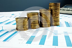 Profit Growth. Stacks of coins and business documents. Investment fund photo