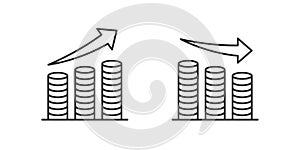 Profit icon. Coin growth vector illustration. Investment increase and decrease infographic. Statistic arrow symbol. Financial