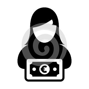 Profit icon vector female user person profile avatar with Euro sign currency money symbol for banking and finance business