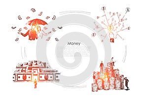 Profit, income, millionaires with umbrella under money rain, cash maze, rich people on coin stacks banner