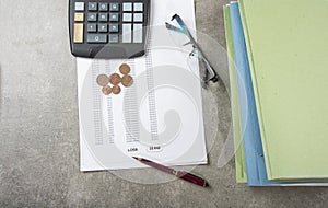 Profit and loss concept image of a pen, calculator and coins on financial documents