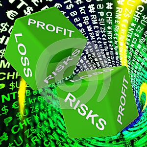 Profit, Loss, Risks Dice Background Shows Risky Investments