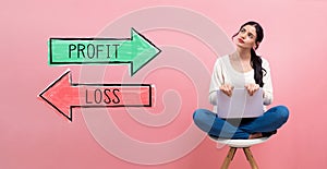 Profit or loss with woman using a laptop